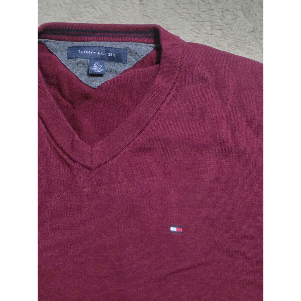 Tommy Hilfiger Sweater Mens XL Burgundy Maroon V-Neck Pullover Solid Cotton